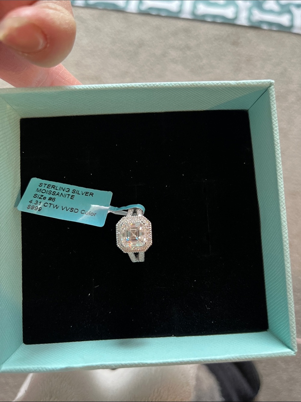 Sterling Silver and Moissanite Halo Ring with Cushion Center